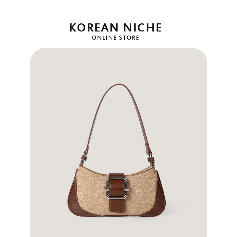 Nuevo bolso de hombro y axila de lona retro con diseño de nicho coreano para mujer, bolso con bloques de colores texturizados, bolso tipo baguette francés.