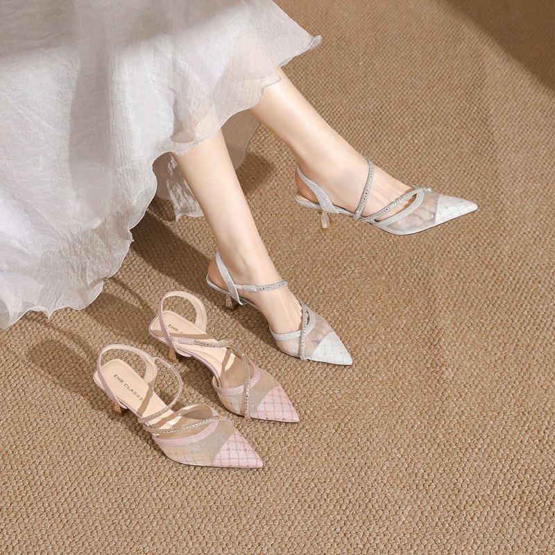 Sandal cao gót nữ mũi nhọn quai mảnh phong cách Pháp — BQ163 Bạc