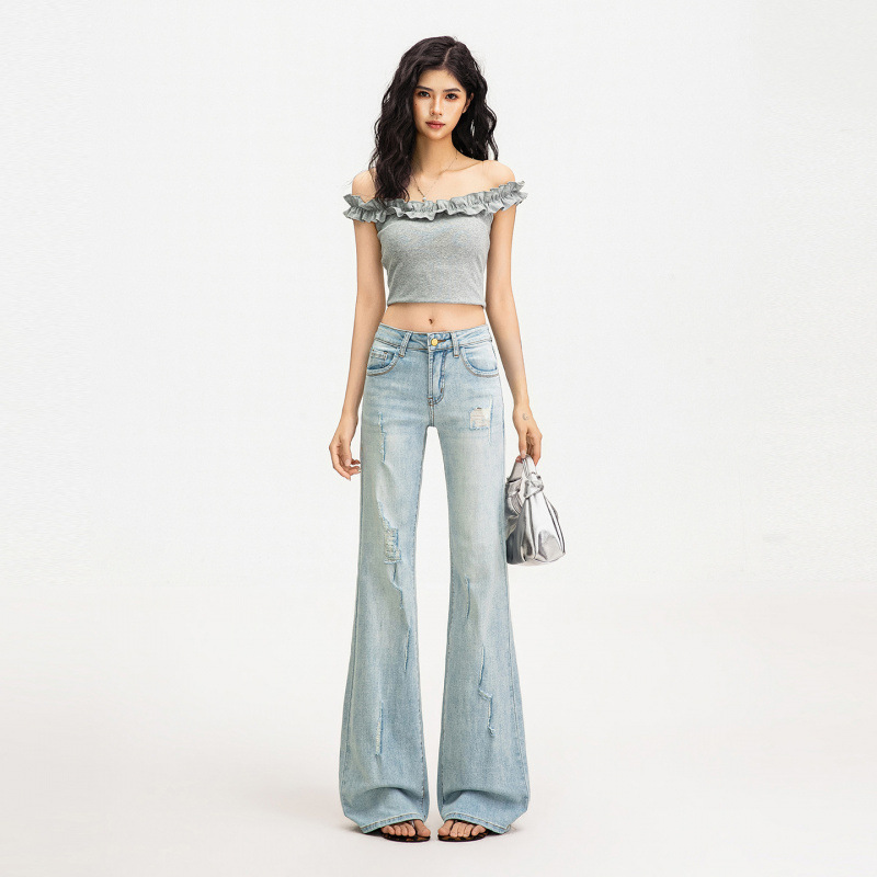 2026 verano nuevo azul claro de cintura alta micropantalones jeans de tamaño grande rectas delgadas pantalones de agujero de moda