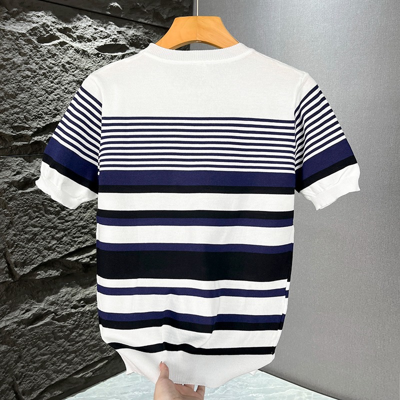 Herren-Strickpullover mit schmaler Passform, Streifenmuster, kurzen Ärmeln und Rundhalsausschnitt im britischen Business-Stil – cooles und elegantes Color-Blocking-T-Shirt für den Sommer_voghion.com