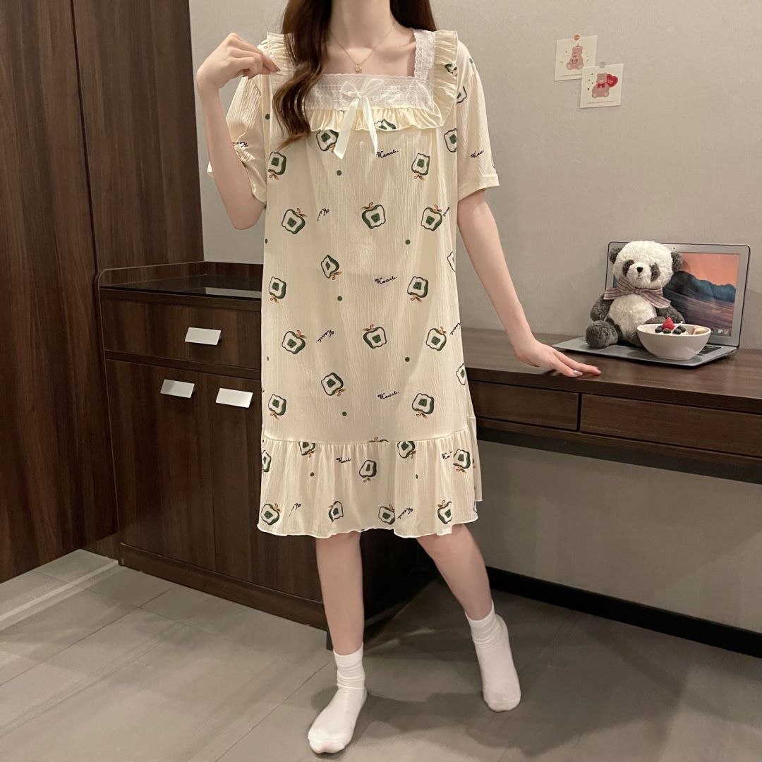 2024 pijama de mujer pijama de algodón de verano de manga corta encaje largo fresco ropa de hogar de estudiantes al por mayor