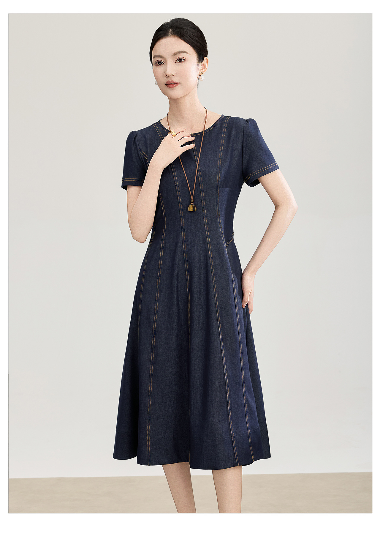 Đầm denim nữ tay ngắn thắt eo phong cách vintage chất liệu tencel cotton thoáng mát — màu xanh đậm chi tiết 11
