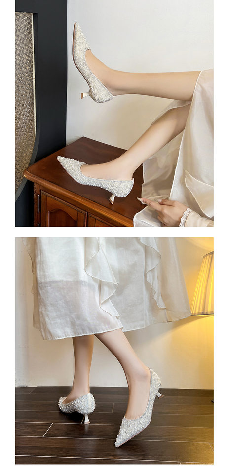Giày cao gót mũi nhọn đính đá và ngọc trai, gót mảnh, chất liệu da — Mơ 6.5CM, Quả mơ 4.5CM chi tiết 6