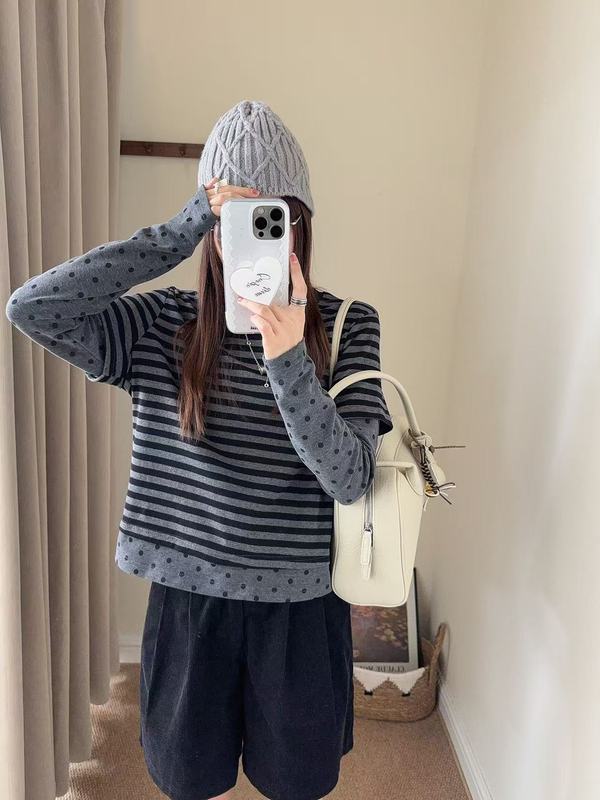 杨超越同款波点条纹拼接假两件T恤女秋新款韩版显瘦百搭长袖上衣|undefined
