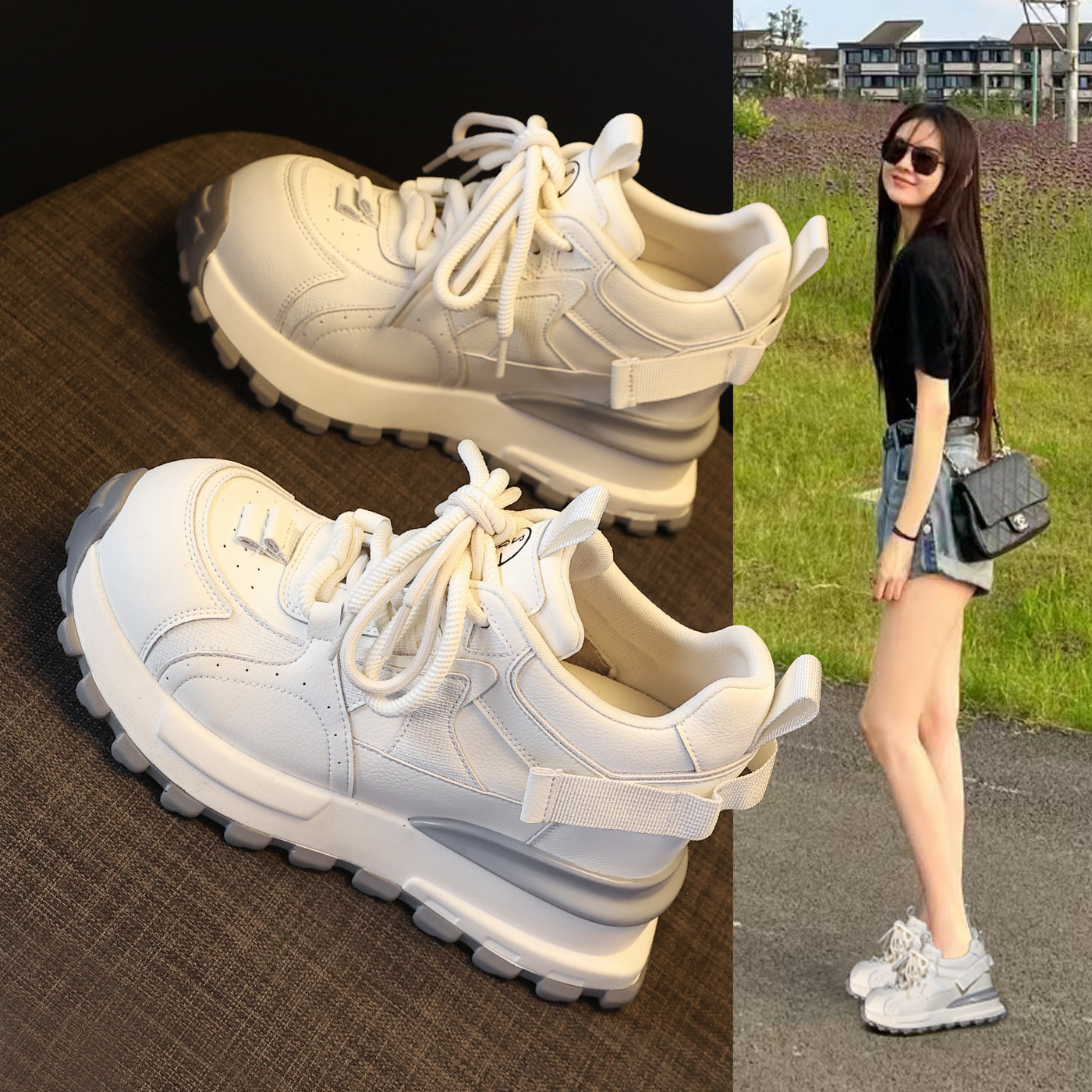 Giày sneaker nữ đế dày tăng chiều cao phong cách dad sneaker — màu trắng