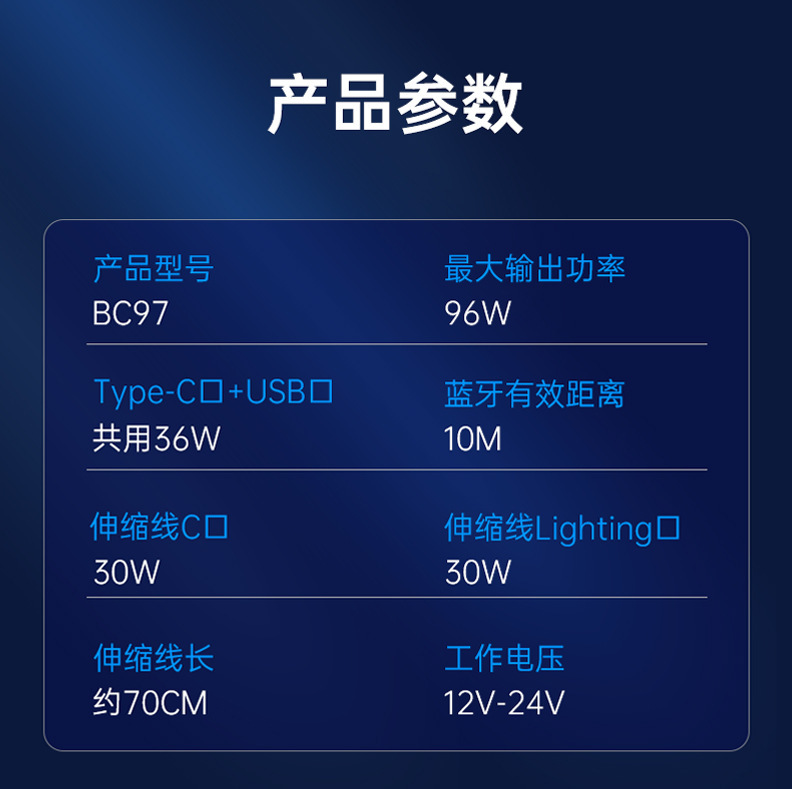BC97 fm transmitter car bluetooth mp3 car charger super fast charging flash charging four-in-one telescopic cable