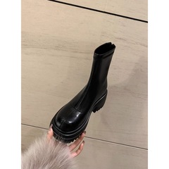 圆头后拉链厚底显瘦瘦短靴女秋冬新款韩版高粗跟短筒松糕弹力靴子