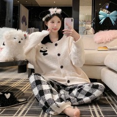 睡衣女秋冬甜美可爱睡衣宽松外穿圆领开衫软糯加厚慵懒风女家居服