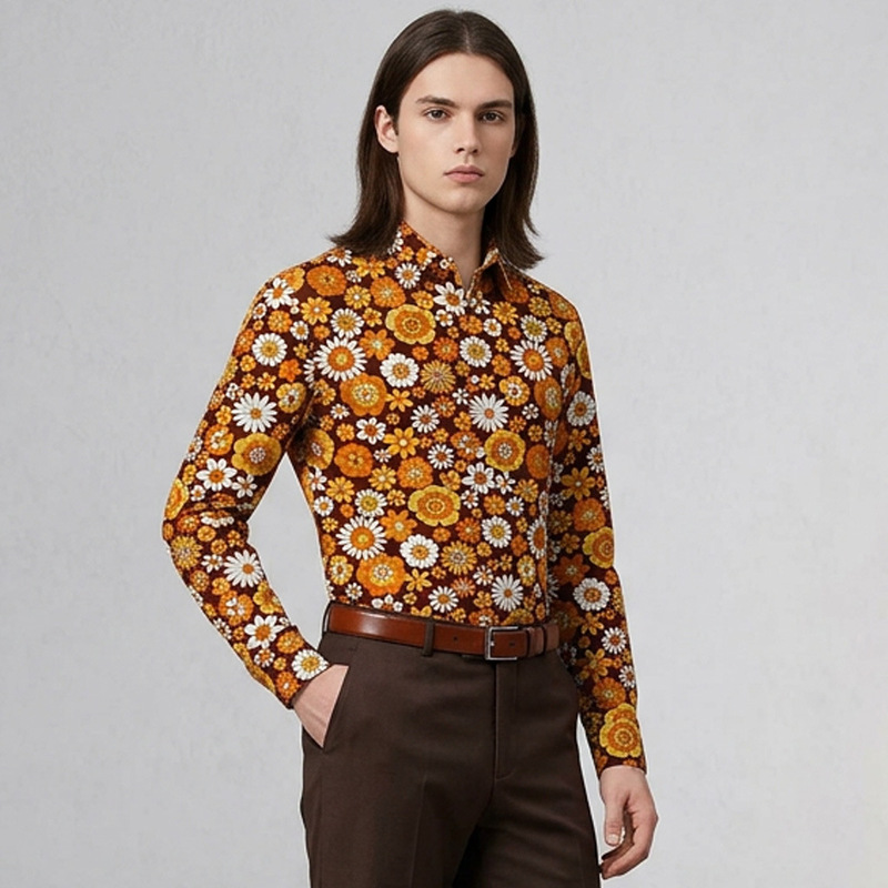 Cross-Border Popular Men's Long-Sleeved Shirt 70S Disco Digital Printed Shirt Spring & Fall Casual Fashion