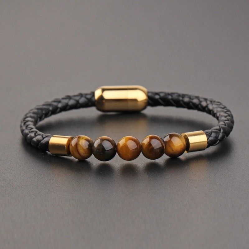 Leather Bracelet for Men with Natural Stone Tiger Eye Stone, Leather Cord, Gold Magnetic Clasp, Tiger Eye Stone Round Cord Leather Bracelet Leather Bracelet for Men with Natural Stone Tiger Eye Stone, Leather Cord, Gold Magnetic Clasp, Tiger Eye Stone Round Cord Leather Bracelet