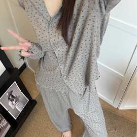 复古满印春夏秋天睡衣女长袖冰丝螺纹开衫宽松家居服网红卡通套装