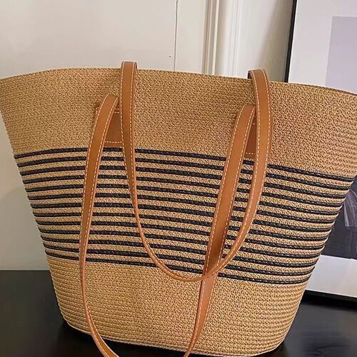 Woven straw bag for women, summer top-handle tote bag, beach bucket bag, large capacity braided single-shoulder bag, rattan straw bag, trendy