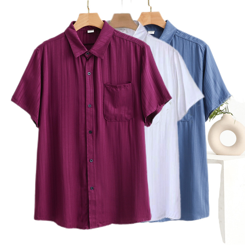 2025 Jacquard Cotton Silk Short-Sleeved Lapel Shirt Middle-Aged and Elderly Men's Thin Cardigan Artificial Cotton Large Size Flap Pocket Pants Top