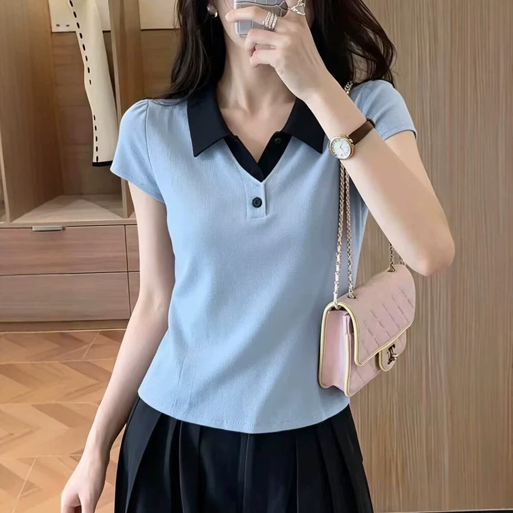 Áo polo nữ tay ngắn cổ lật phối màu phong cách Hàn Quốc — xanh lam chi tiết 3