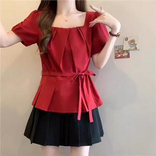 Plus Size French-Style Square-Neck Short-Sleeve Shirt for Women, Summer, Plus-Size, Slimming, Tummy-Concealing, Red, Waist-Cinching