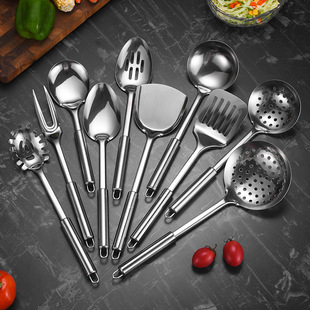 Stainless Steel Round Tube Spatula Cooking Colander Spatula Rice Spoon Soup Spoon Powder Steak Meat Fork Seven-Piece Set Kitchen Utensils Gift