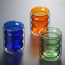 彩色螺旋玻璃双层杯 牛奶杯 家用咖啡慕斯杯办公室玻璃果汁杯