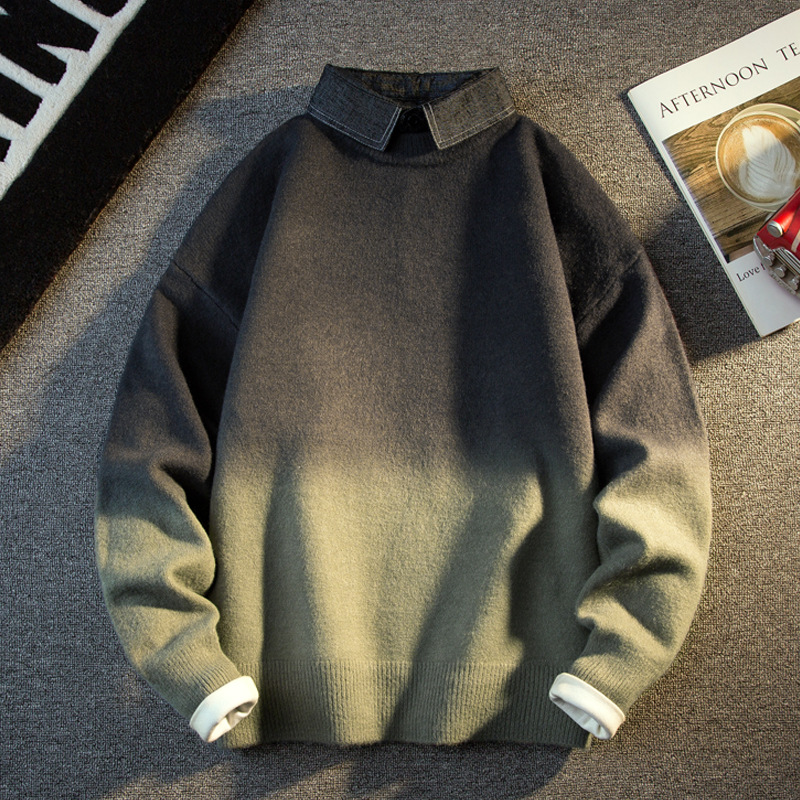 New Gradient Color Knitwear Autumn and Winter Men's Bottoming Knitwear Men's Warm Shirt Collar Fake Two-Piece Knitwear for Men