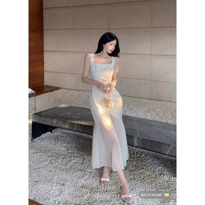 Платье для женщин, французский элегантный стиль, белая атласная юбка на подтяжках с квадратным вырезом, летняя сексуальная облегающая сетчатая длинная юбка