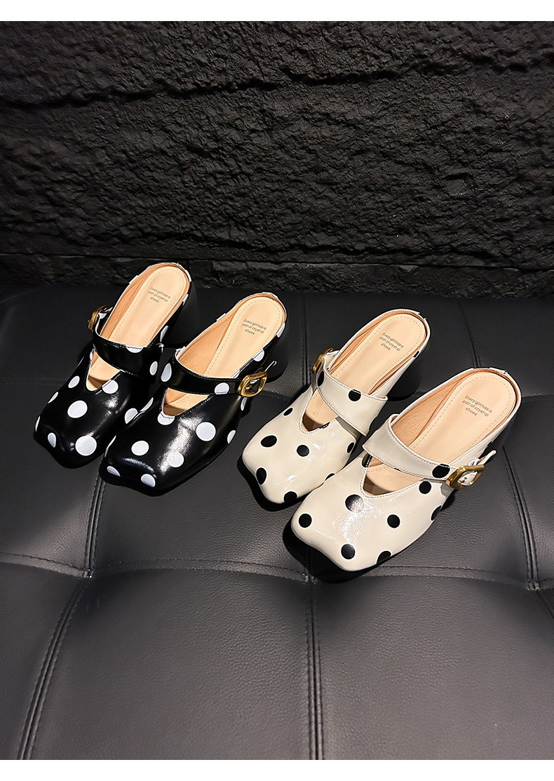 Giày mule nữ mũi vuông họa tiết chấm bi, gót cao khoảng 6 cm, phong cách Pháp — màu đen, màu trắng ngà chi tiết 16