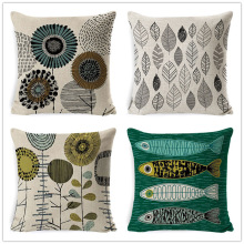 跨境新款趣味抽象印花花鸟虫鱼树叶印花客厅装饰沙发靠垫亚麻材质