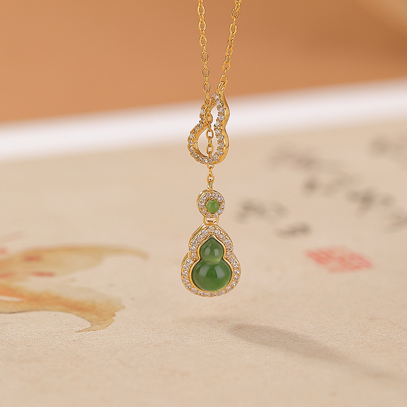 Dây chuyền bạc S925 mạ vàng mặt ngọc Hetian hình quả bầu hạt Fulu — Mẫu bạc (bao gồm cả dây chuyền)