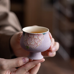 高颜值手绘牡丹茶杯女生专用陶瓷高脚杯主人杯茶具喝茶杯礼盒装