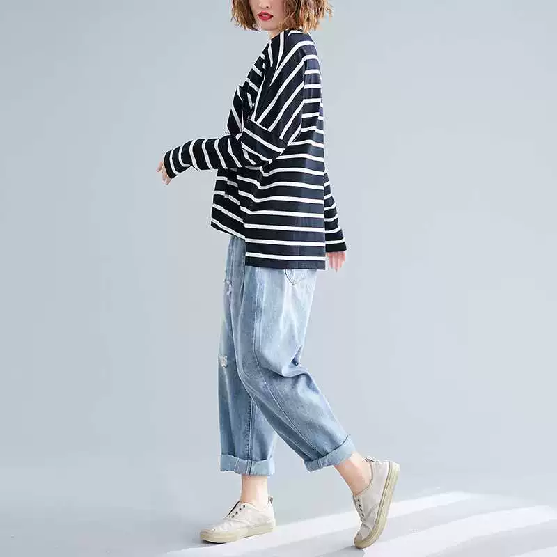 Осенний женский свободный лонгслив в полоску, oversize, размеры L и XL