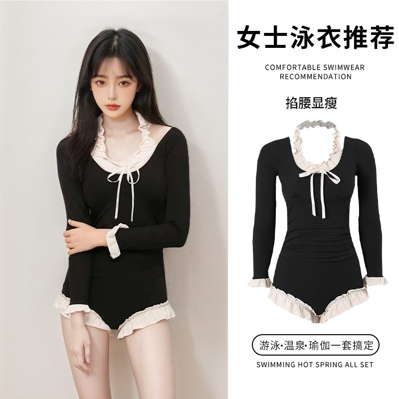 Traje de baño femenino de una pieza de manga larga protector solar francés conservador que cubre la carne, adelgazante que cubre el vientre, traje de baño de aguas termales de vacaciones de alta gama al por mayor