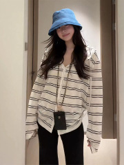 港味冷感长袖连帽条纹开衫T恤女秋季韩系慵懒薄款防晒衣上衣外套1