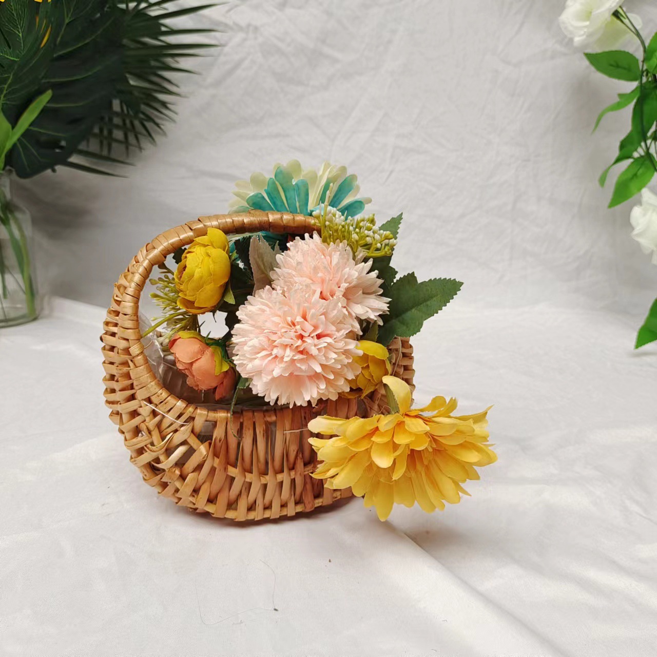 Cesta de Flores Tejida a Mano de Hierba Natural, Decorativa, para Arreglos Florales y Fiestas
