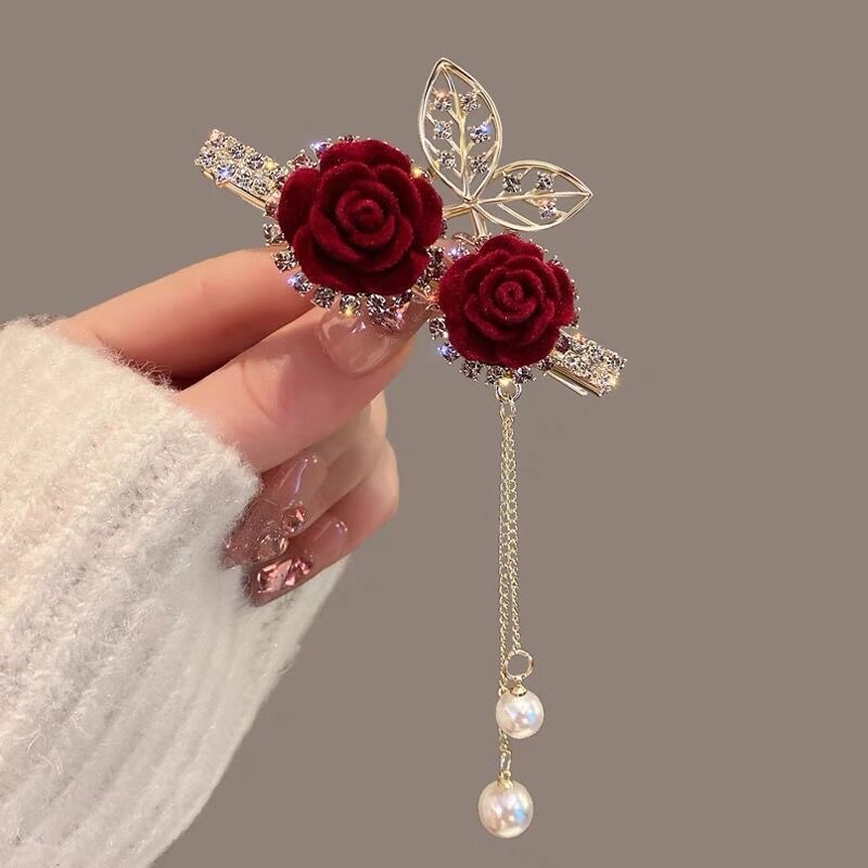 Red Velvet Rose Flower Hairpin Full Diamond Light Luxury Bow Side Clip Cyber Celebrity Tassel Pendant Side Duckbill Clip