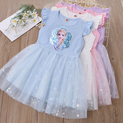 2024 Summer Girls' Clothing New Dress with Sleeveless Design, Sparkling Princess Dress, Cartoon Net Dress for Foreign Trade, Drop Ship One Piece