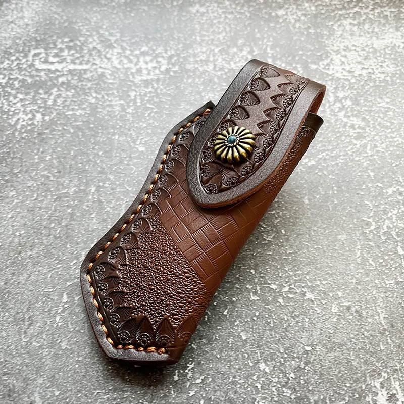手工印花二层牛皮刀套户外折叠刀套保护套挂腰带便携随身收纳皮鞘