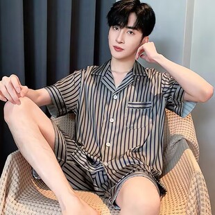 Ice Silk Short-Sleeved Shorts Cardigan Pajamas Men's Summer Casual Striped Large Lapel Men's Home Wear Two-Piece Set