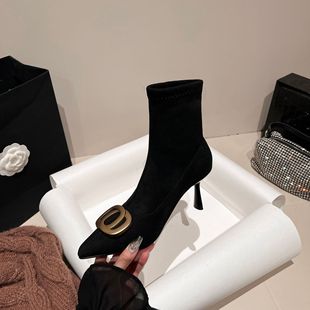 Super slim! Sheepskin suede pointed women's boots Autumn 2023 New stiletto heel short boots fashion boots pig nose buckle