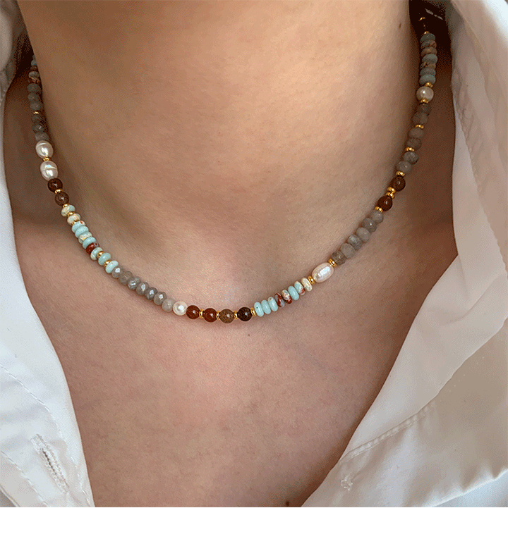 Linglang Colorful Beaded Necklace Natural Stone Pearl Necklace Chain Boho Jewelry Gift Summer Choker