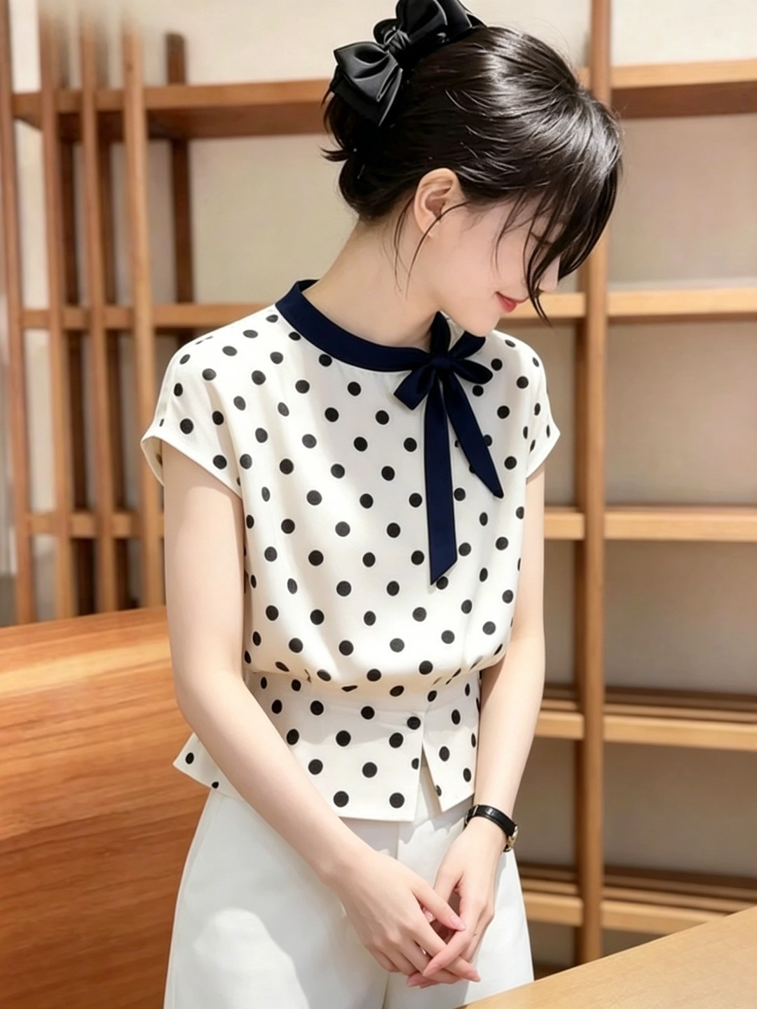 Áo sơ mi ngắn tay nữ họa tiết chấm bi nơ cổ điển, kiểu Hàn Quốc thời trang — Màu ảnh