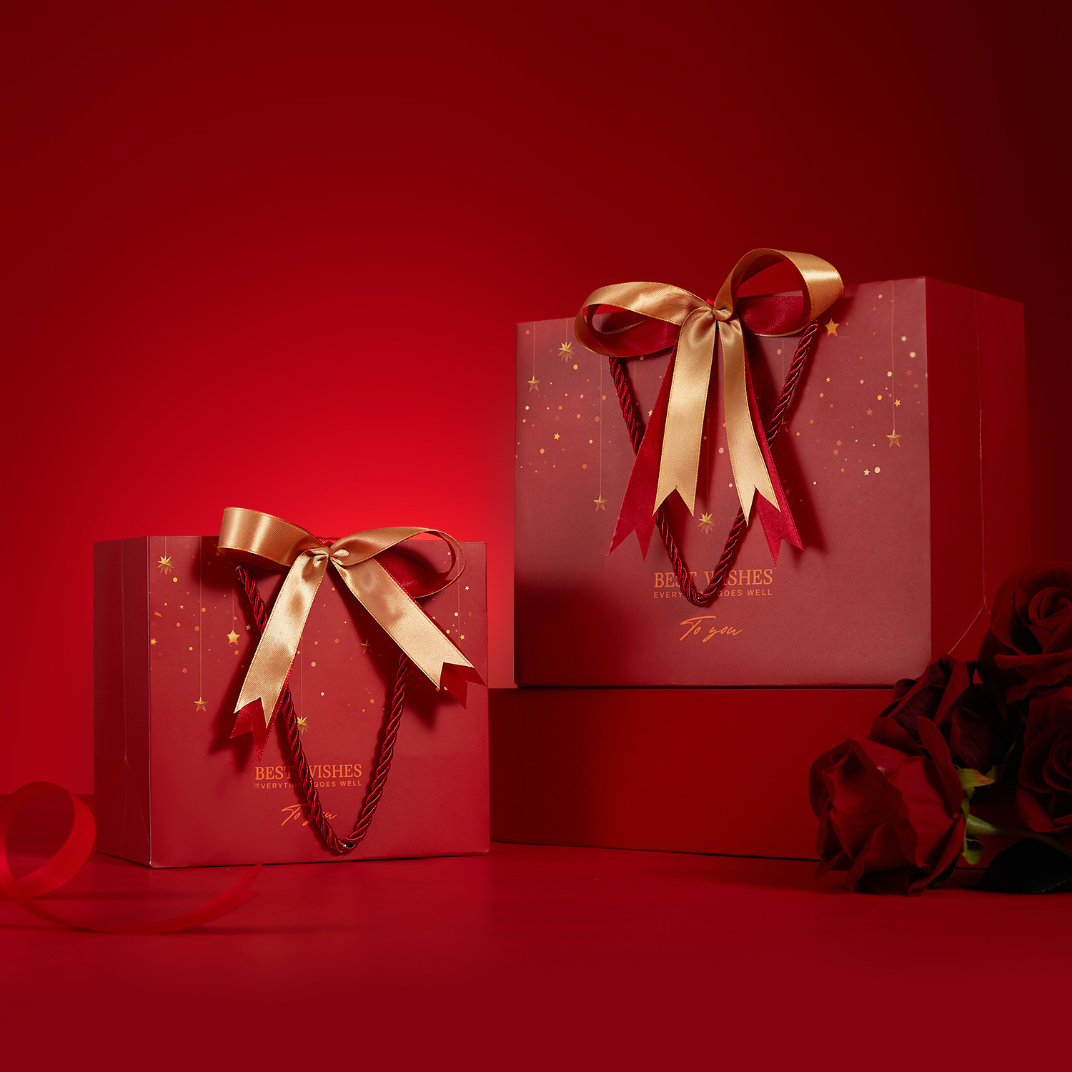 红色情人节礼品袋新年回礼袋结婚年货包装袋节庆纸袋赠丝带手提袋