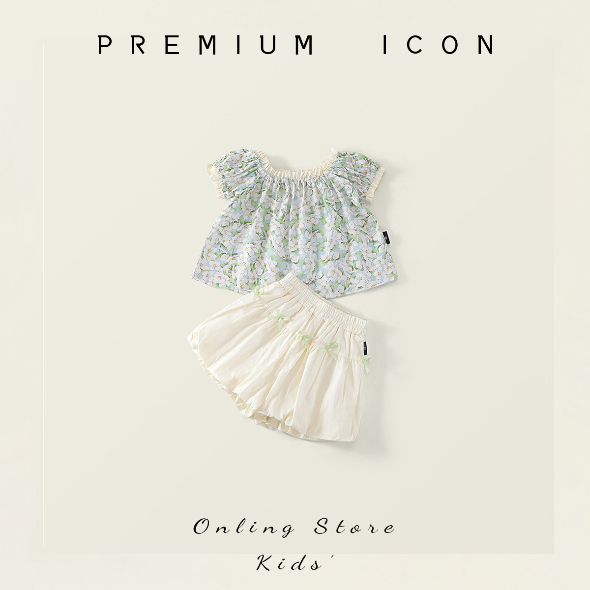 Girls' Short-Sleeved Floral Suit 2025 Summer New Style Korean Style Pure Color Bud Shorts Two-Piece Set for Small and Medium-Sized Children