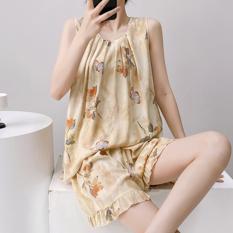 Chinese Style Pajamas for Women Summer Thin Cotton Silk Suit High-End Sleeveless Loose Large Size Can Be Worn Outside Home Clothes Thin