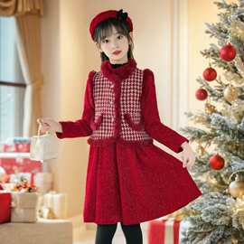 女童连衣裙套装秋冬新款儿童红色新年服时尚公主风冬装马甲两件套