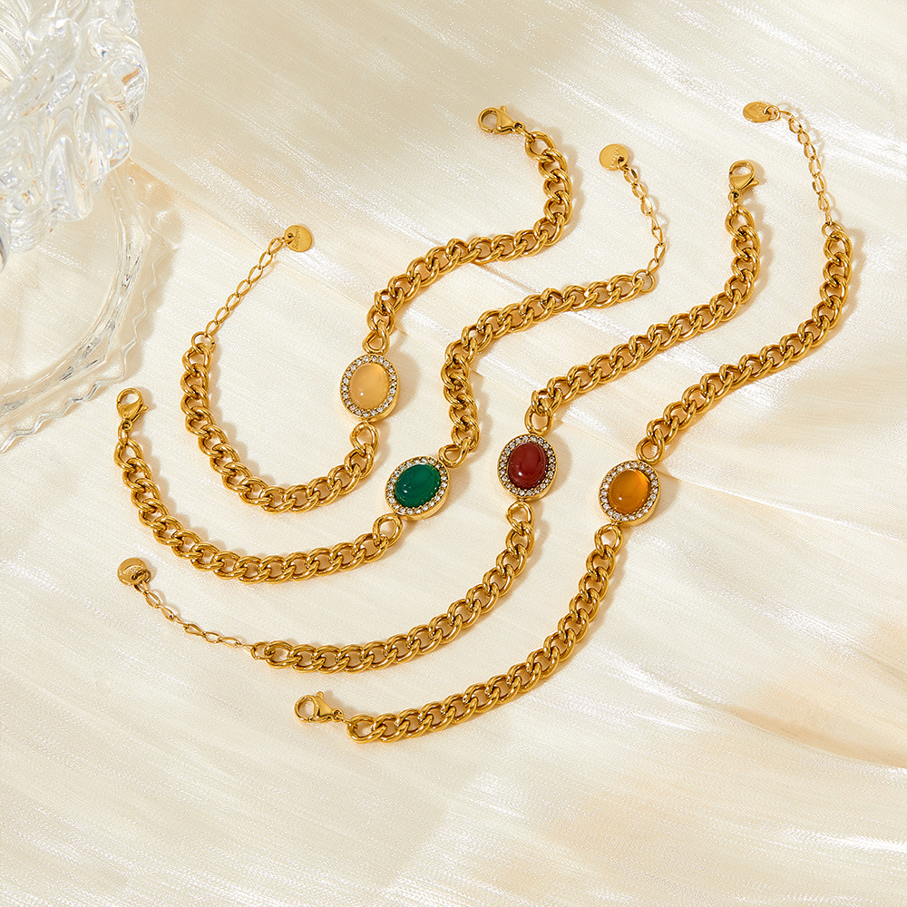 Agate, Zircon Inlay Material Bracelets Classification 304 Stainless Steel Chain Material Fashion Oval Stainless Steel Plating Inlay Agate Zircon Bracelets 1 Piece