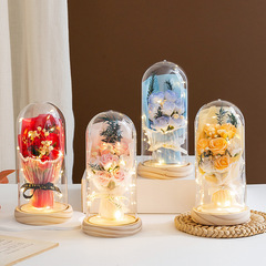 520バレンタイン永生花7つのバラの花束ドライフラワー満天の星ガラスカバー花ライトカップル人形置物