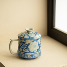 景德镇汝窑元青花茶杯办公杯主人杯搭把手喝水杯陶瓷茶具办公家用