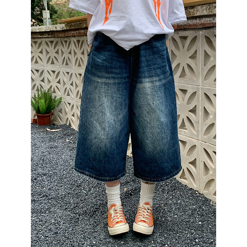 American Style Casual Loose Profile Washed Vintage Old-style Seven-point Trendy Hong Kong Style Straight Denim Seven-point Shorts for Men and Women
