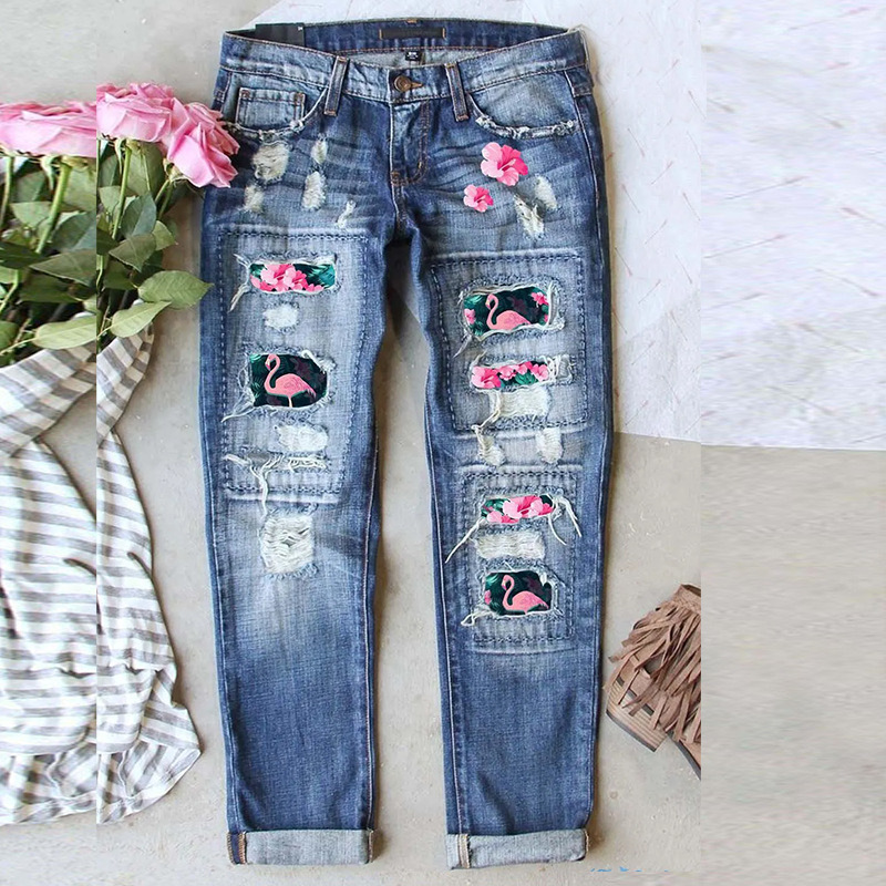 European and American cross-border Amazon independent new ripped printed casual straight mid-waist women's washed jeans European and American cross-border Amazon independent new ripped printed casual straight mid-waist women's washed jeans
