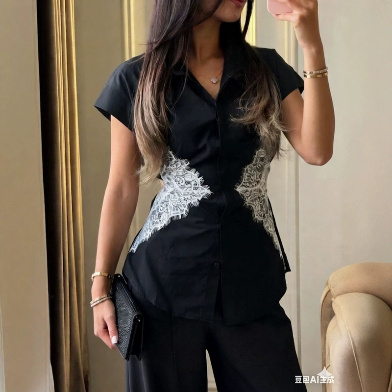 Cross-border European and American women's fashion lace-up back waist-cinching silky short-sleeve blouse Cross-border European and American women's fashion lace-up back waist-cinching silky short-sleeve blouse