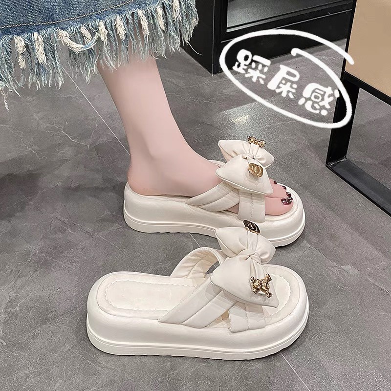 Thick-Soled Bow Sandals for Women 2025 New Korean Style Cross Platform Thick-Soled Fashion Fairy Style Outer Slippers