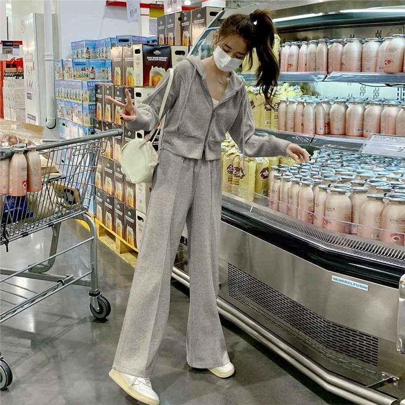 慵懒风休闲运动卫衣套装女秋冬季韩版高级感连帽开衫阔腿裤两件套|undefined